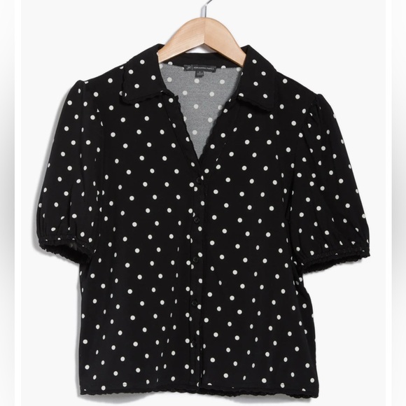 Adrianna Papell Tops - Adrianna Papell Black Polka Dot Puff Sleeve Button Up Women's Top Large